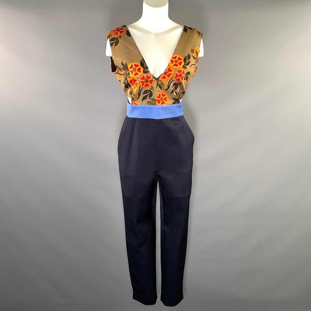 MSGM Size 8 Navy Brown Viscose Cotton Floral V Neck Jumpsuit